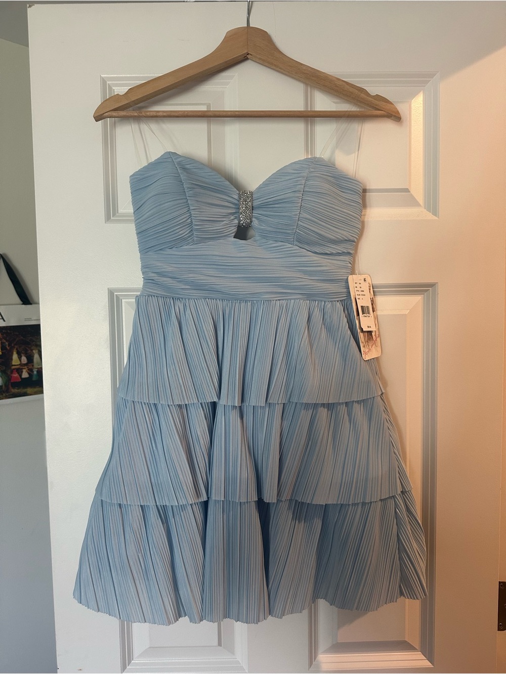Honey and Rosie Strapless Light Blue Pleated Tiered Dress with Rhinestone Accent